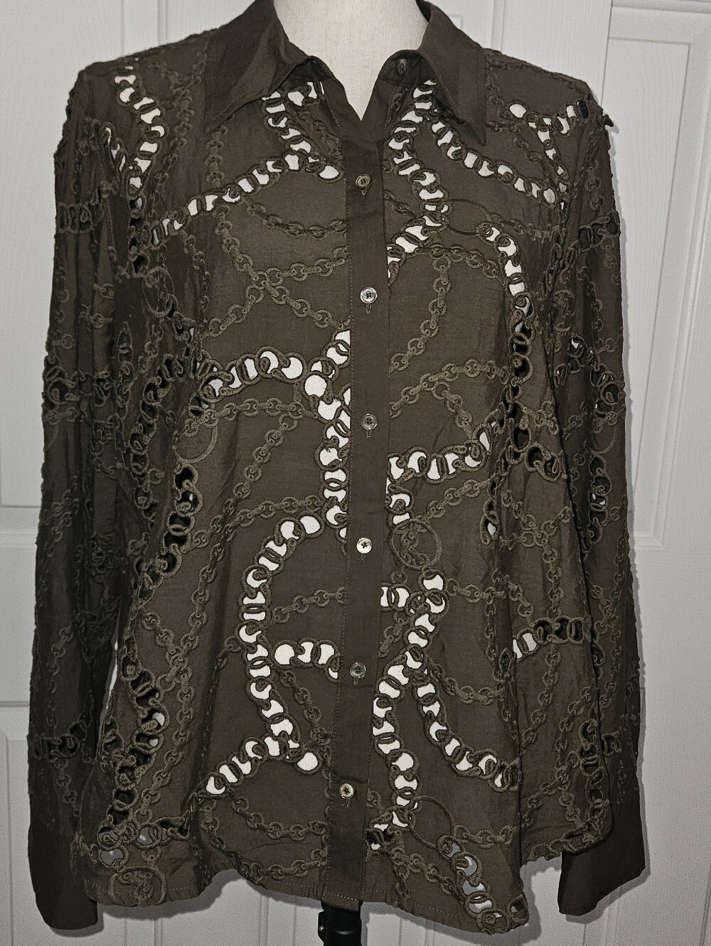 L'Agence Women's Olive Cutout Button-Up Shirt Size X-Large